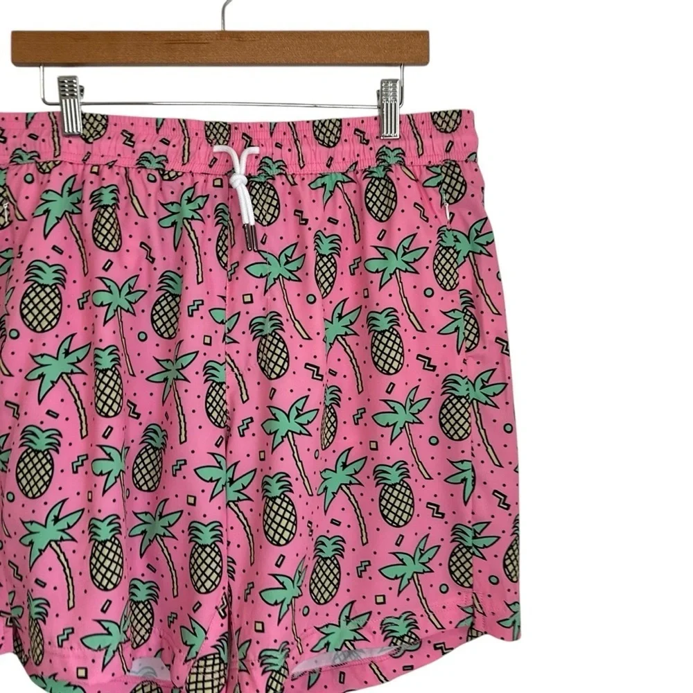 Maamgic Mens Pineapple Graphic Swim Trunks Size XL Pink Yellow Lined Zip Pocket